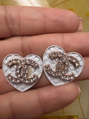 Crystal-Embellished Heart Stud Earrings in White and Rose Gold Tone